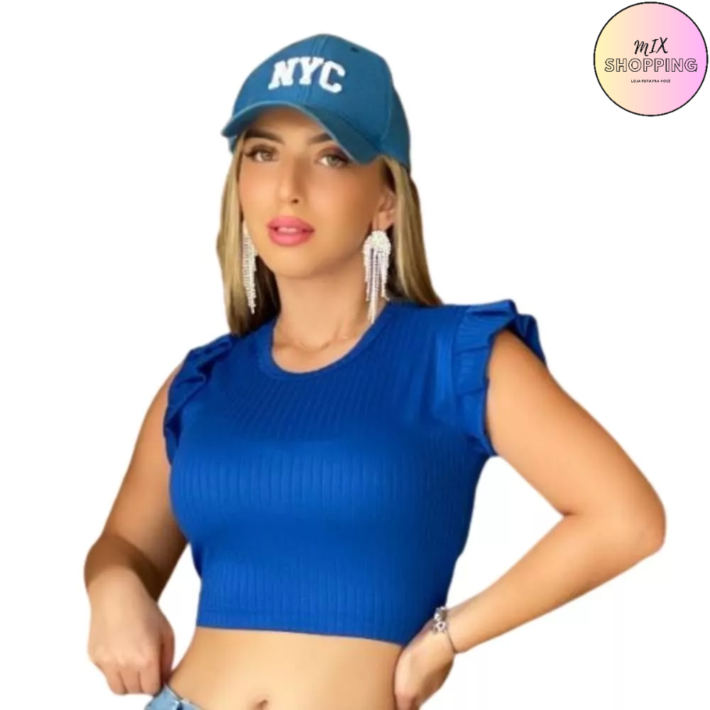 Blusinha Feminina Cor Azul Canelado Blusa Cropped com Lycra Blusinha de Malha Canelada