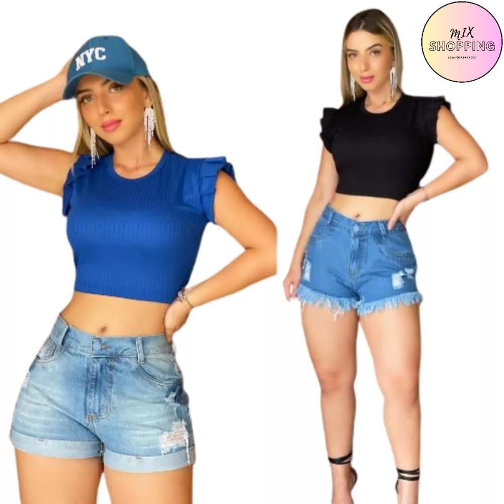 Blusinhas Femininas Cropped Blusa Lisa Cor Azul Canelado e Preta Canelado com Lycra