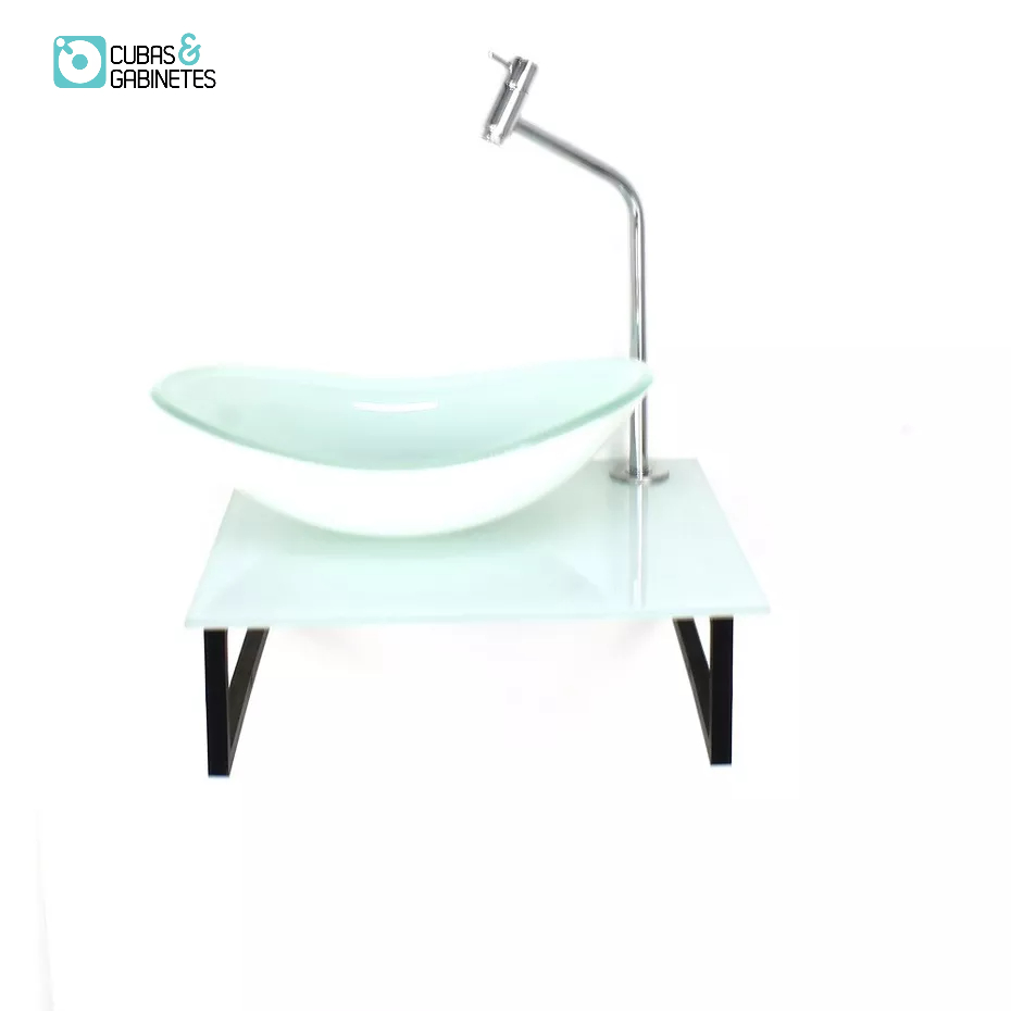 KIT CUBA DE VIDRO OVAL 10MM COM TAMPO 40x35cm BRANCO FULL E SUPORTE PRETO