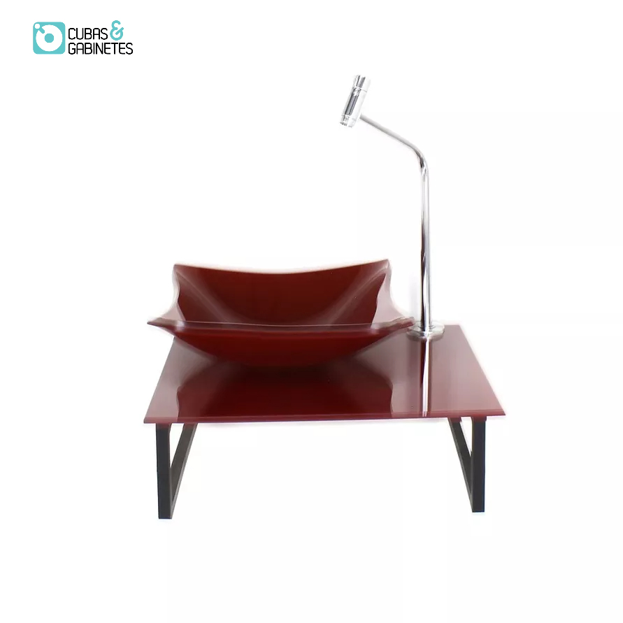 KIT CUBA DE VIDRO QUADRADA 10MM COM TAMPO 40CM VERMELHO CEREJA FULL E SUPORTE PRETO