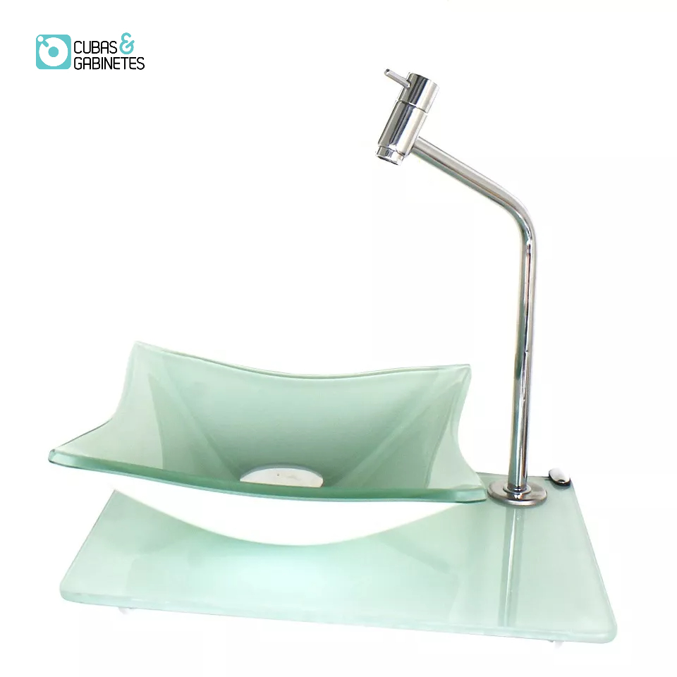 KIT CUBA DE VIDRO QUADRADA 10MM COM TAMPO 40CM BRANCO FULL E SUPORTE CROMADO