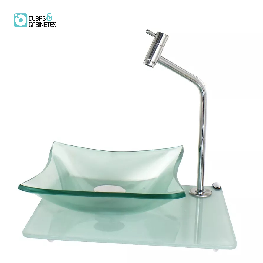 KIT CUBA DE VIDRO QUADRADA 10MM INCOLOR COM TAMPO 40CM BRANCO FULL E SUPORTE CROMADO