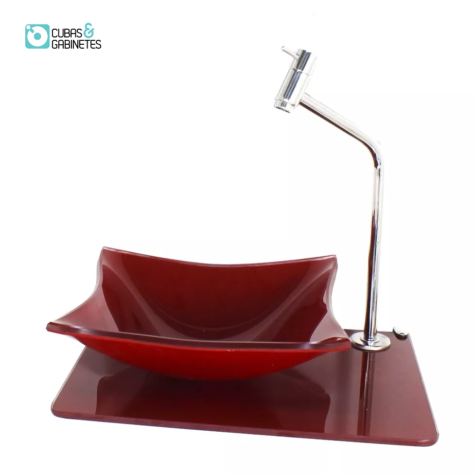 CUBA DE VIDRO QUADRADA COM TAMPO 40CM VERMELHO CEREJA FULL E SUPORTE CROMADO