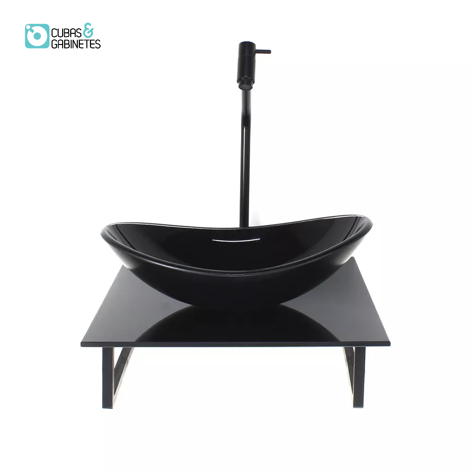 KIT CUBA DE VIDRO OVAL 10MM COM TAMPO DE VIDRO 40CM X 40CM PRETO FULL E SUPORTE PRETO