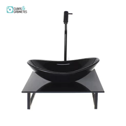 KIT CUBA DE VIDRO OVAL 10MM COM TAMPO DE VIDRO 40CM X 40CM PRETO FULL E SUPORTE PRETO