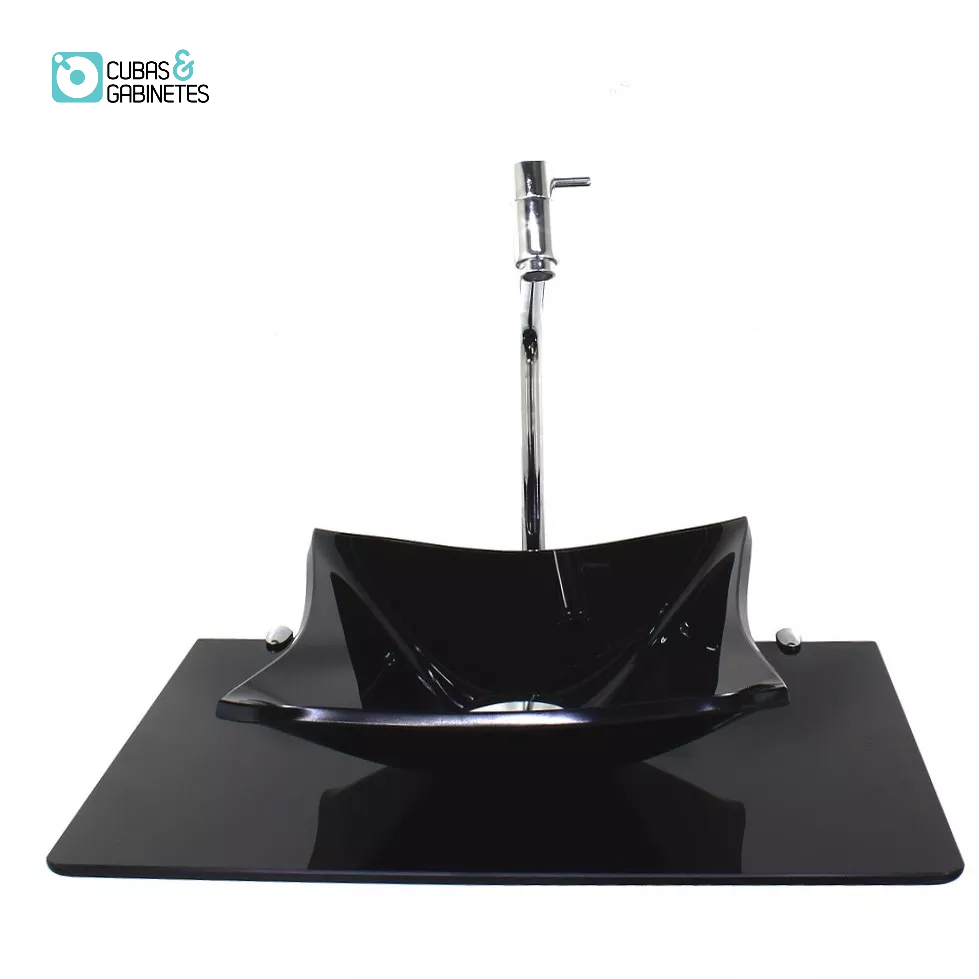 KIT CUBA DE VIDRO QUADRADA 10MM COM TAMPO 50CM PRETO FULL E SUPORTE CROMADO