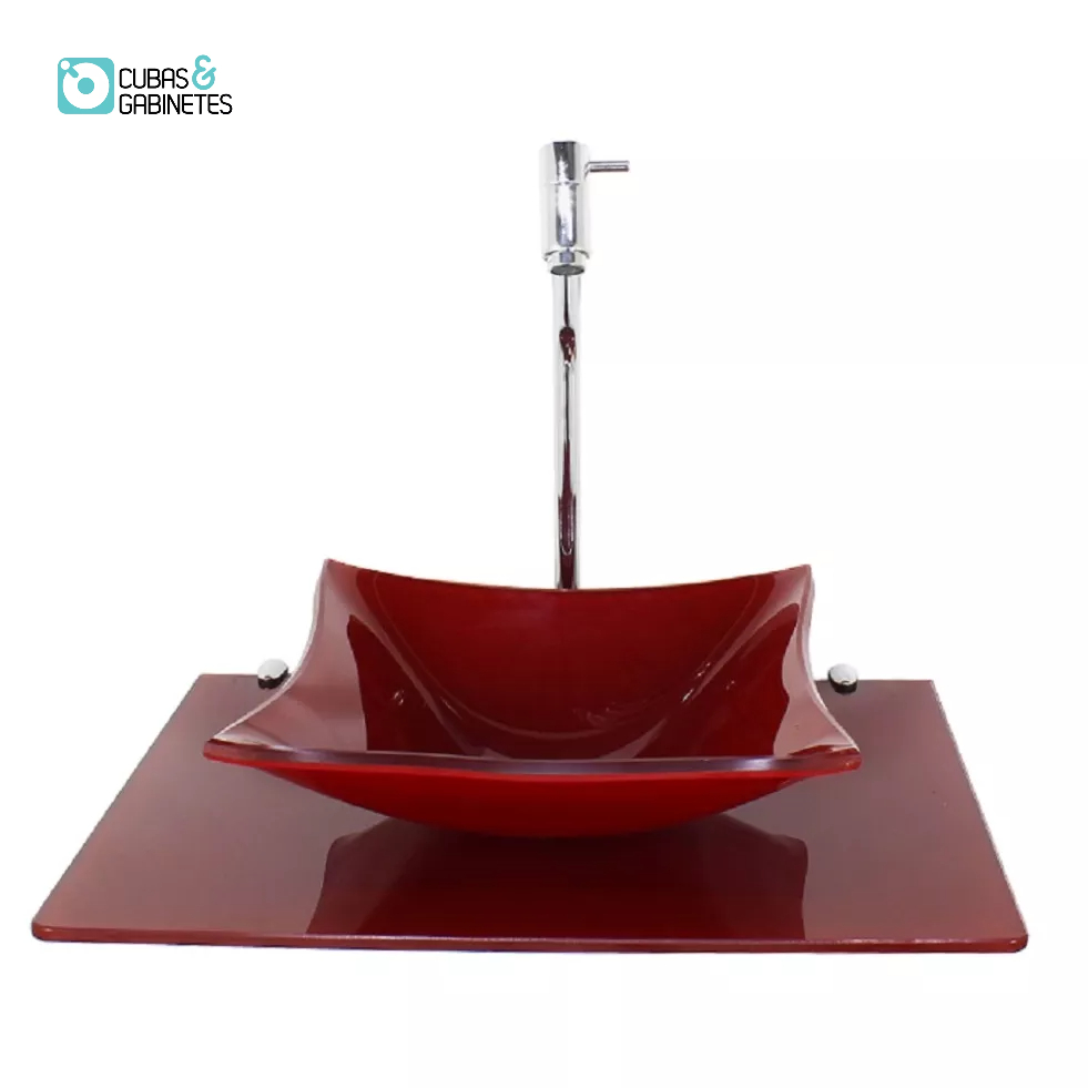 KIT CUBA DE VIDRO QUADRADA 10MM COM TAMPO 50CM VERMELHO CEREJA FULL E SUPORTE CROMADO