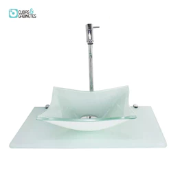 KIT CUBA DE VIDRO QUADRADA 10MM COM TAMPO 50CM BRANCO FULL E SUPORTE CROMADO