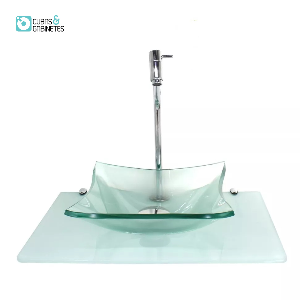 KIT CUBA DE VIDRO QUADRADA 10MM INCOLOR COM TAMPO 50CM BRANCO FULL E SUPORTE CROMADO