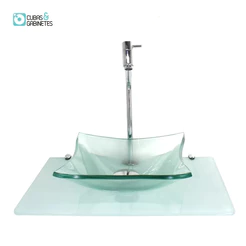 KIT CUBA DE VIDRO QUADRADA 10MM INCOLOR COM TAMPO 50CM BRANCO FULL E SUPORTE CROMADO