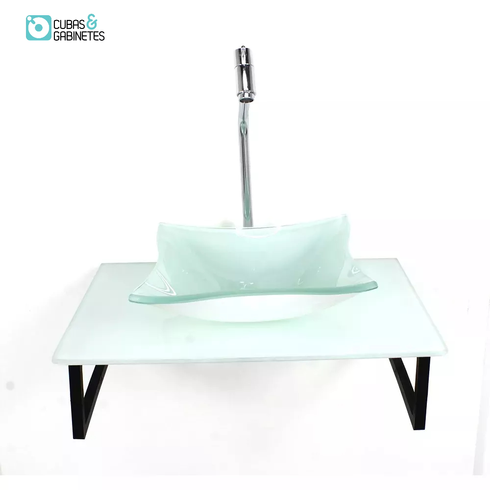 KIT CUBA DE VIDRO QUADRADA 10MM COM TAMPO 50CM BRANCO FULL E SUPORTE PRETO