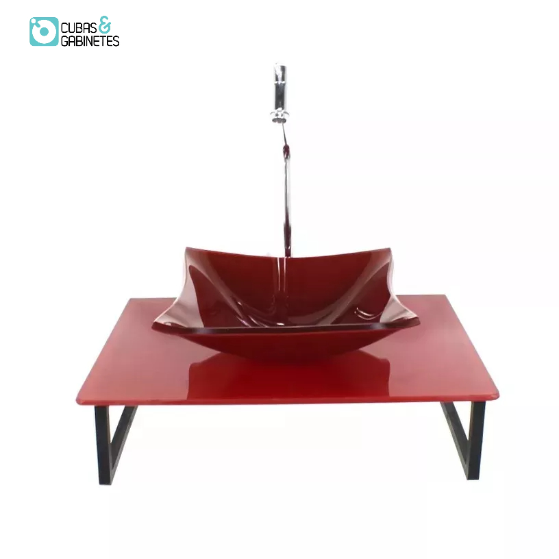 KIT CUBA DE VIDRO QUADRADA 10MM COM TAMPO 50CM VERMELHO CEREJA FULL E SUPORTE PRETO