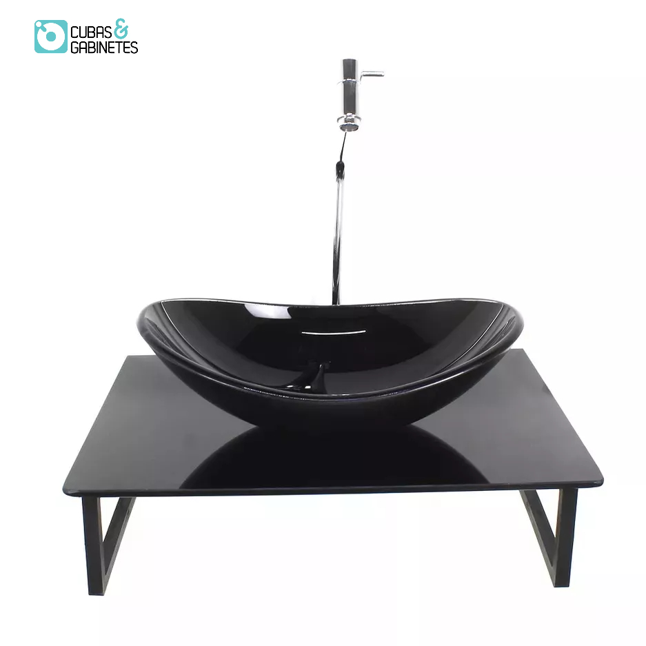 KIT CUBA DE VIDRO OVAL 10MM COM TAMPO 50CM PRETO FULL E SUPORTE PRETO