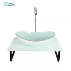 KIT CUBA DE VIDRO OVAL 10MM COM TAMPO 50CM BRANCO FULL E SUPORTE PRETO