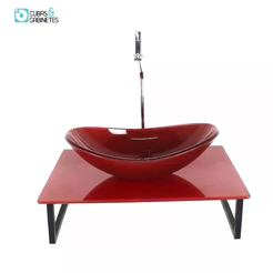 KIT CUBA DE VIDRO OVAL 10MM COM TAMPO 50CM VERMELHO CEREJA FULL E SUPORTE PRETO
