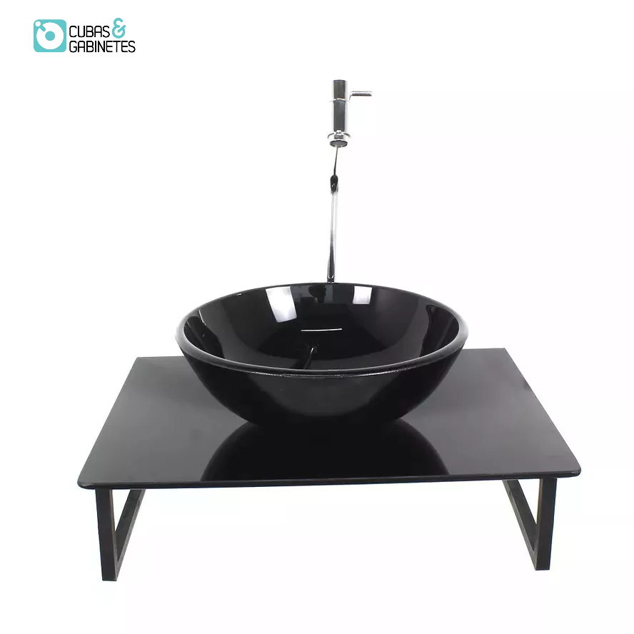 KIT CUBA DE VIDRO REDONDA 10MM COM TAMPO 50CM PRETO FULL E SUPORTE PRETO
