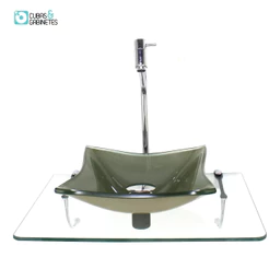 KIT CUBA DE VIDRO QUADRADA 10MM CHAMPANHE COM TAMPO 50CM INCOLOR E SUPORTE CROMADO
