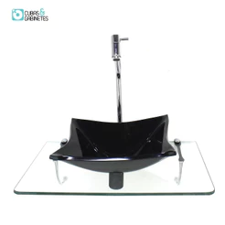 KIT CUBA DE VIDRO QUADRADA 10MM PRETA COM TAMPO 50CM INCOLOR E SUPORTE CROMADO