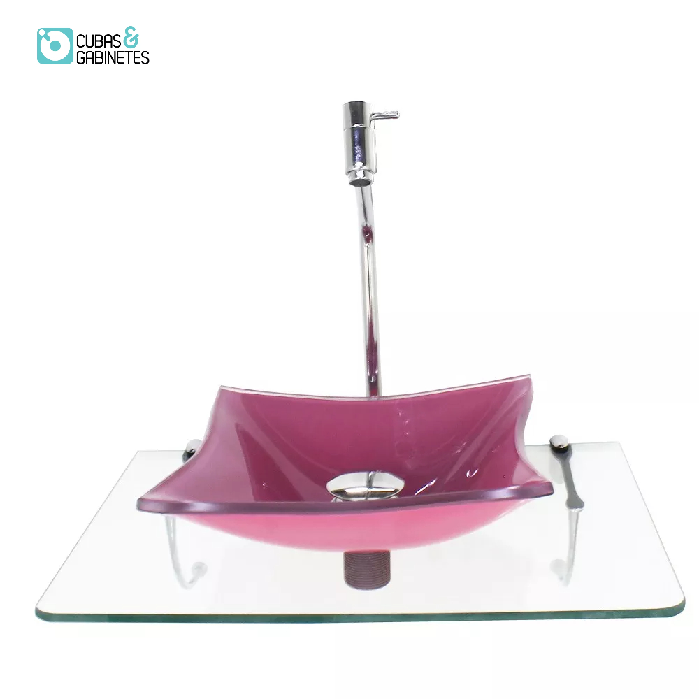 KIT CUBA DE VIDRO QUADRADA 10MM ROSA COM TAMPO 50CM INCOLOR E SUPORTE CROMADO