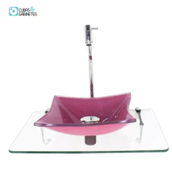 KIT CUBA DE VIDRO QUADRADA 10MM ROSA COM TAMPO 50CM INCOLOR E SUPORTE CROMADO