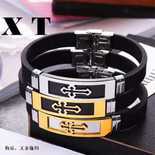 Pulseira Bracelete Masculina Borracha Placa Aço Inox Cruz