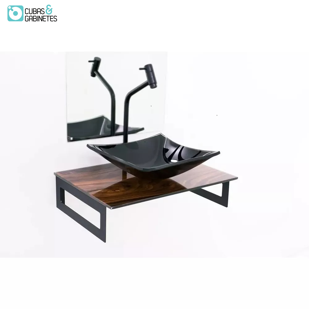 Gabinete De Vidro 50cm Com Cuba Quadrada - Madeira Nogueira