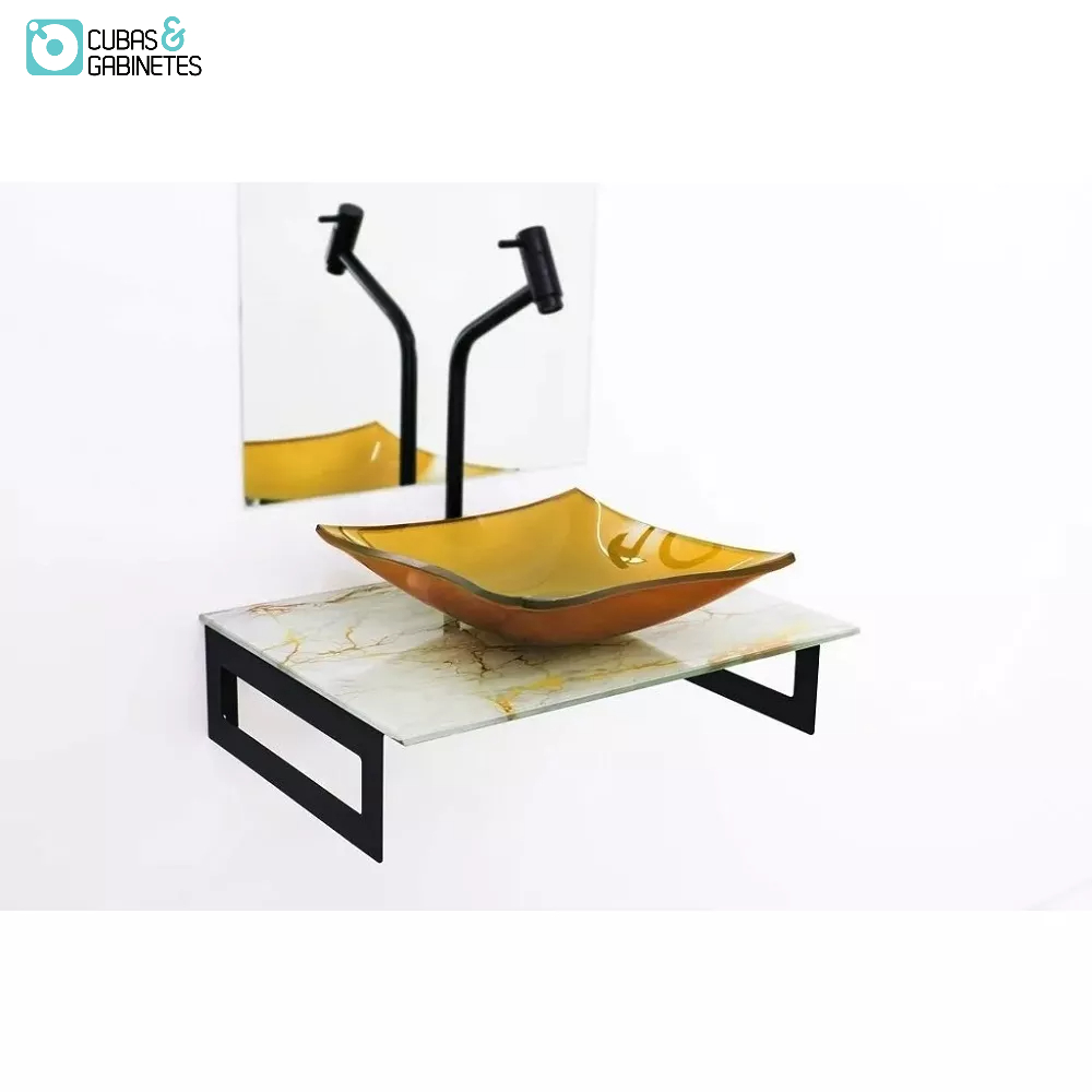 Gabinete De Vidro 50cm Com Cuba Quadrada - Mármore Branco Dourado