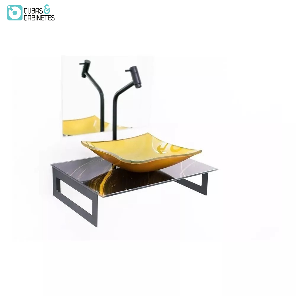 Gabinete De Vidro 50cm Com Cuba Quadrada - Mármore Preto Dourado