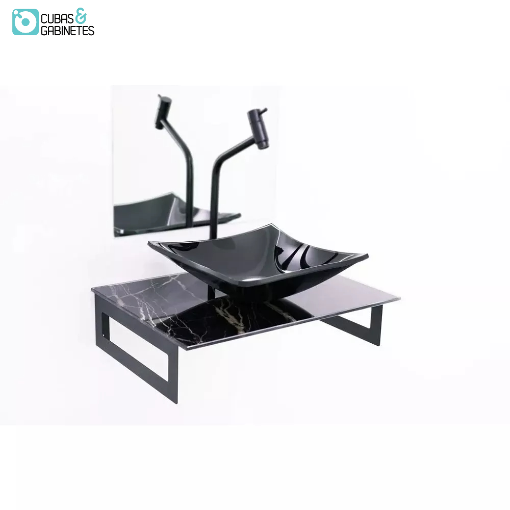 Gabinete De Vidro 50cm Com Cuba Quadrada - Mármore Preto