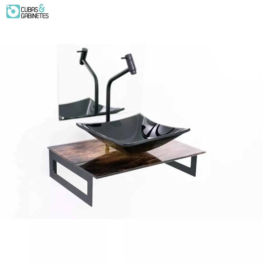 Gabinete De Vidro 50cm Com Cuba Quadrada - Madeira Rustica