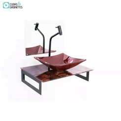 Gabinete De Vidro 50cm Com Cuba Quadrada - Mármore Avermelhado