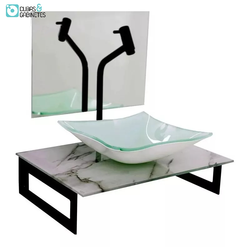Gabinete De Vidro 50cm Com Cuba Quadrada - Mármore Branco