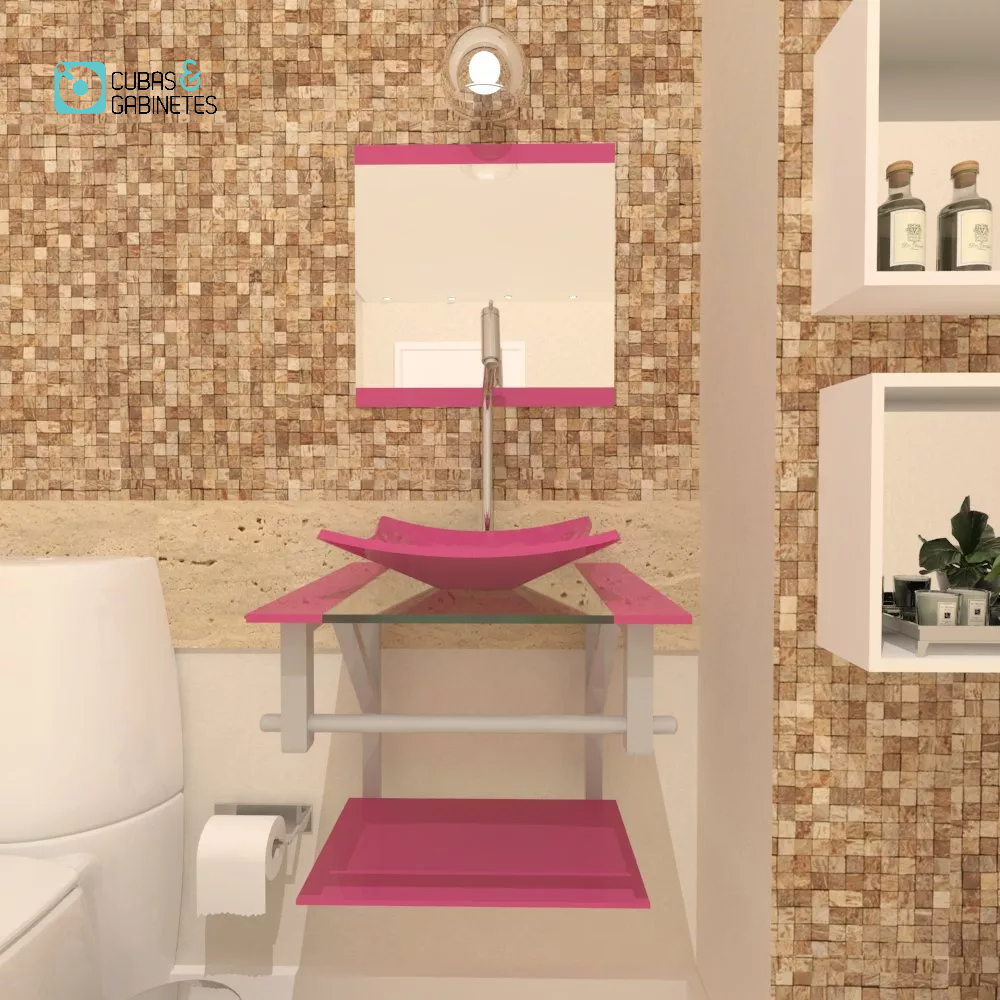 GABINETE DE VIDRO 40CM AC COM CUBA QUADRADA - ROSA