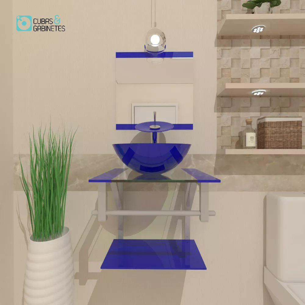 GABINETE DE VIDRO PARA BANHEIRO 40CM CUBA REDONDA AC AZUL ESCURO