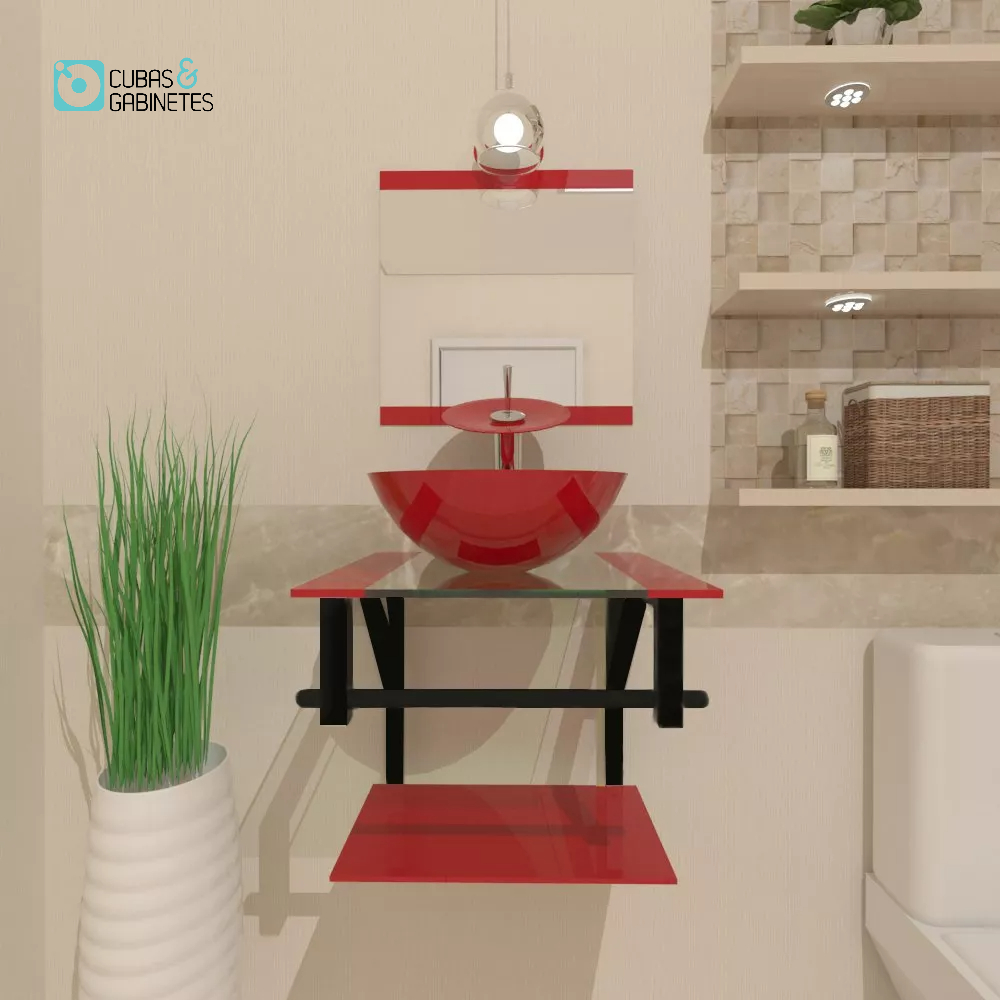 GABINETE DE VIDRO 40CM AP COM CUBA REDONDA VERMELHO FERRARI