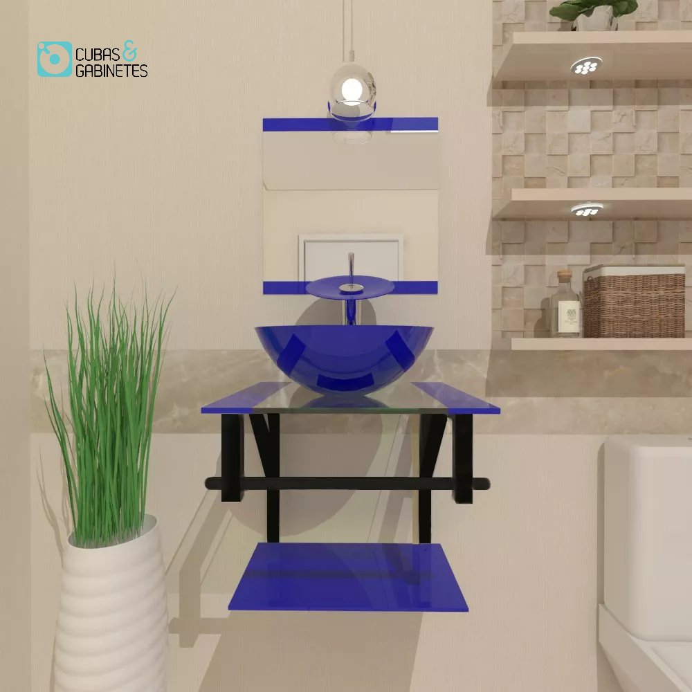 GABINETE DE VIDRO 40CM AP COM CUBA REDONDA AZUL ESCURO