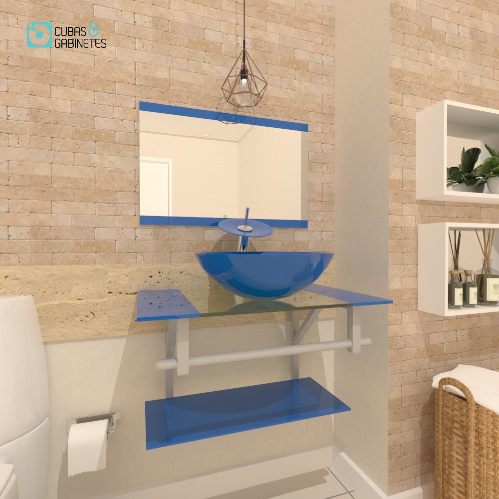 Gabinete De Vidro 60cm Ac Com Cuba Redonda - Azul