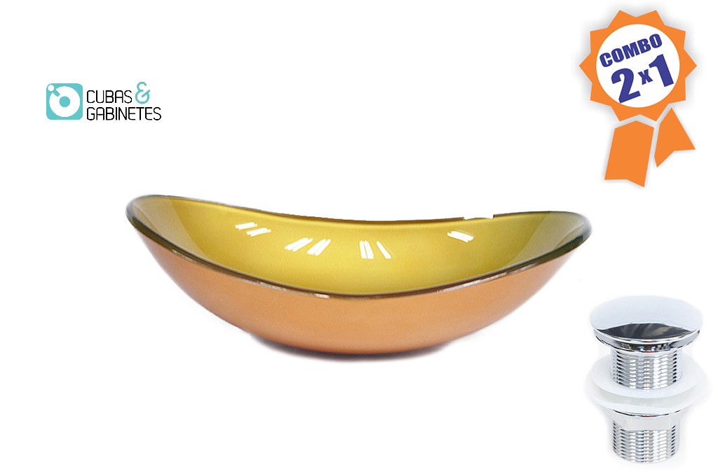 Cuba De Vidro Oval 47cm Dourado Real + Válvula Click
