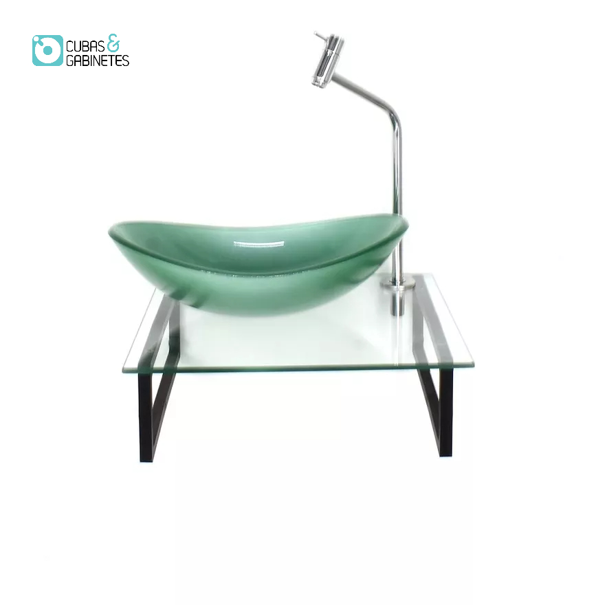 KIT CUBA DE VIDRO OVAL 10MM VERDE COM TAMPO 40CM INCOLOR E SUPORTE PRETO