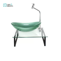 KIT CUBA DE VIDRO OVAL 10MM VERDE COM TAMPO 40CM INCOLOR E SUPORTE PRETO