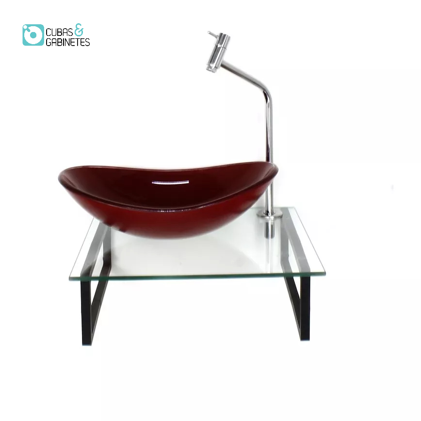 KIT CUBA DE VIDRO OVAL 10MM VERMELHO CEREJA COM TAMPO 40CM INCOLOR E SUPORTE PRETO