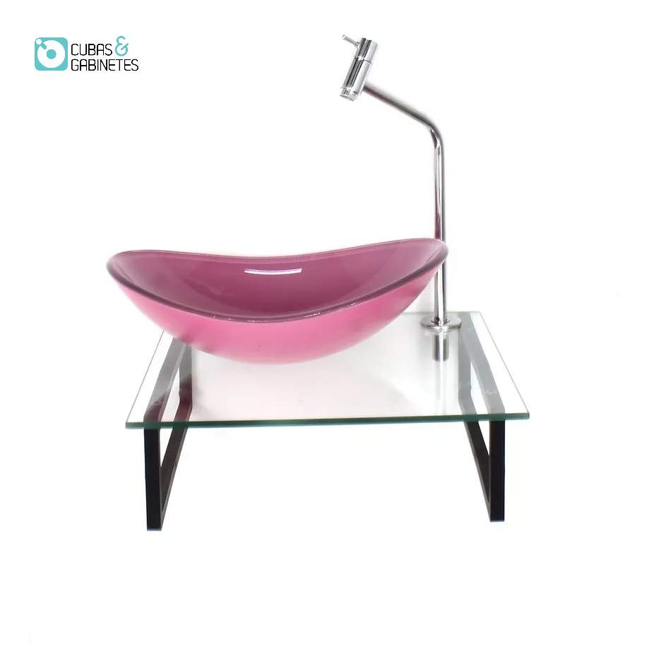 KIT CUBA DE VIDRO OVAL 10MM ROSA COM TAMPO 40CM INCOLOR E SUPORTE PRETO