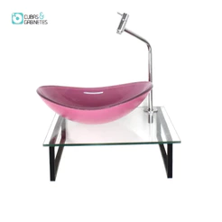 KIT CUBA DE VIDRO OVAL 10MM ROSA COM TAMPO 40CM INCOLOR E SUPORTE PRETO