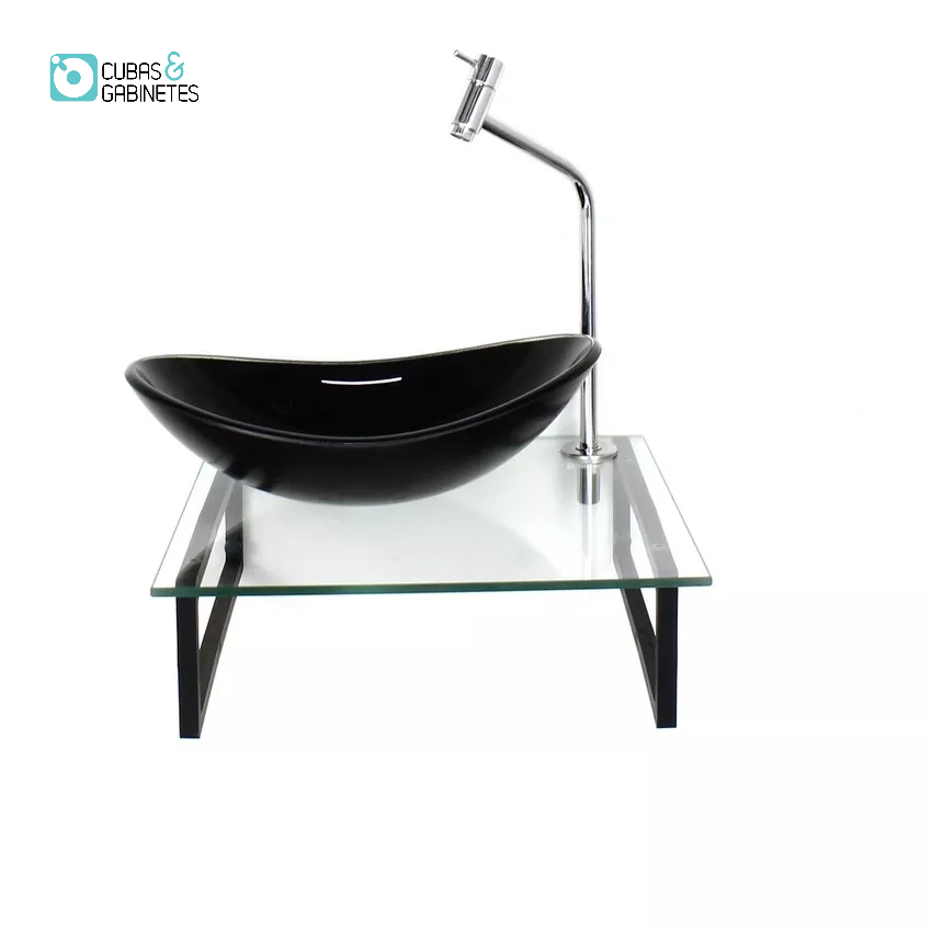 KIT CUBA DE VIDRO OVAL 10MM PRETA COM TAMPO 40CM INCOLOR E SUPORTE PRETO