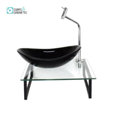 KIT CUBA DE VIDRO OVAL 10MM PRETA COM TAMPO 40CM INCOLOR E SUPORTE PRETO