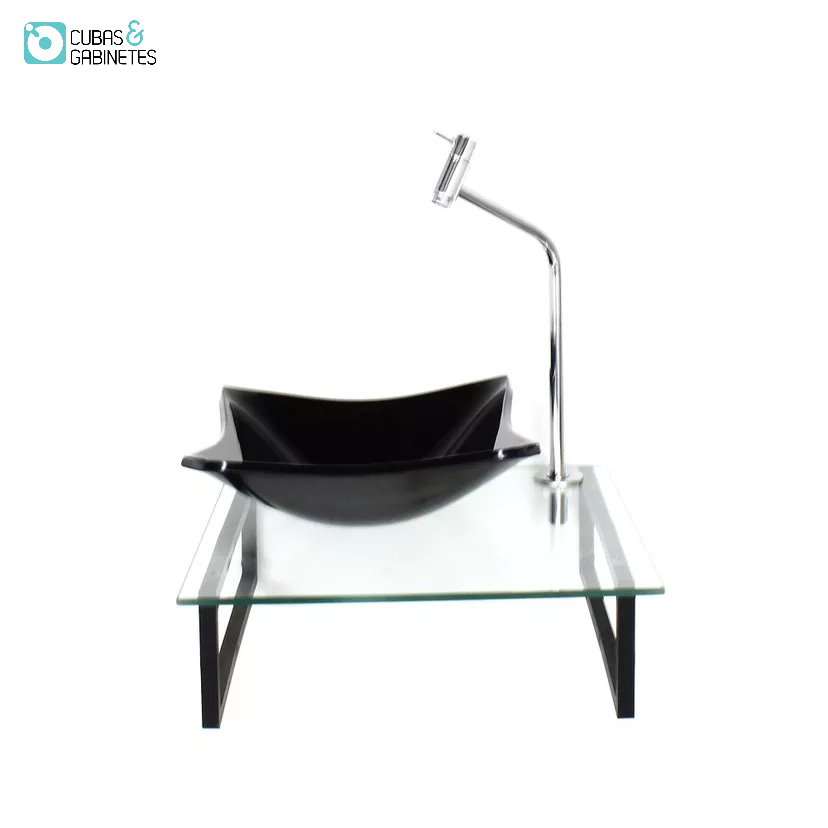 KIT CUBA DE VIDRO QUADRADA 10MM PRETA COM TAMPO 40CM INCOLOR E SUPORTE PRETO