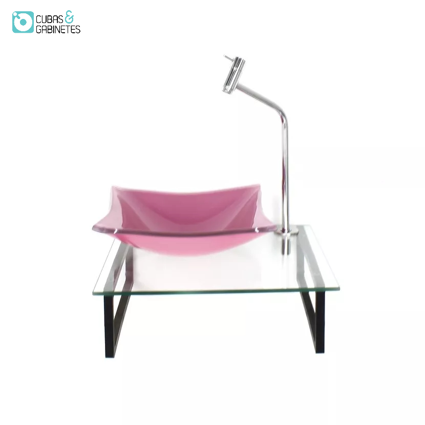 KIT CUBA DE VIDRO QUADRADA 10MM ROSA COM TAMPO 40CM INCOLOR E SUPORTE PRETO