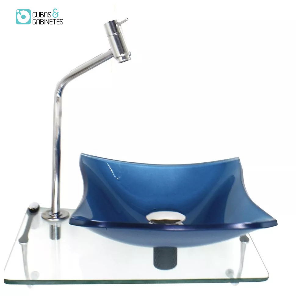 KIT CUBA DE VIDRO QUADRADA 10MM AZUL COM TAMPO 40CM INCOLOR E SUPORTE CROMADO