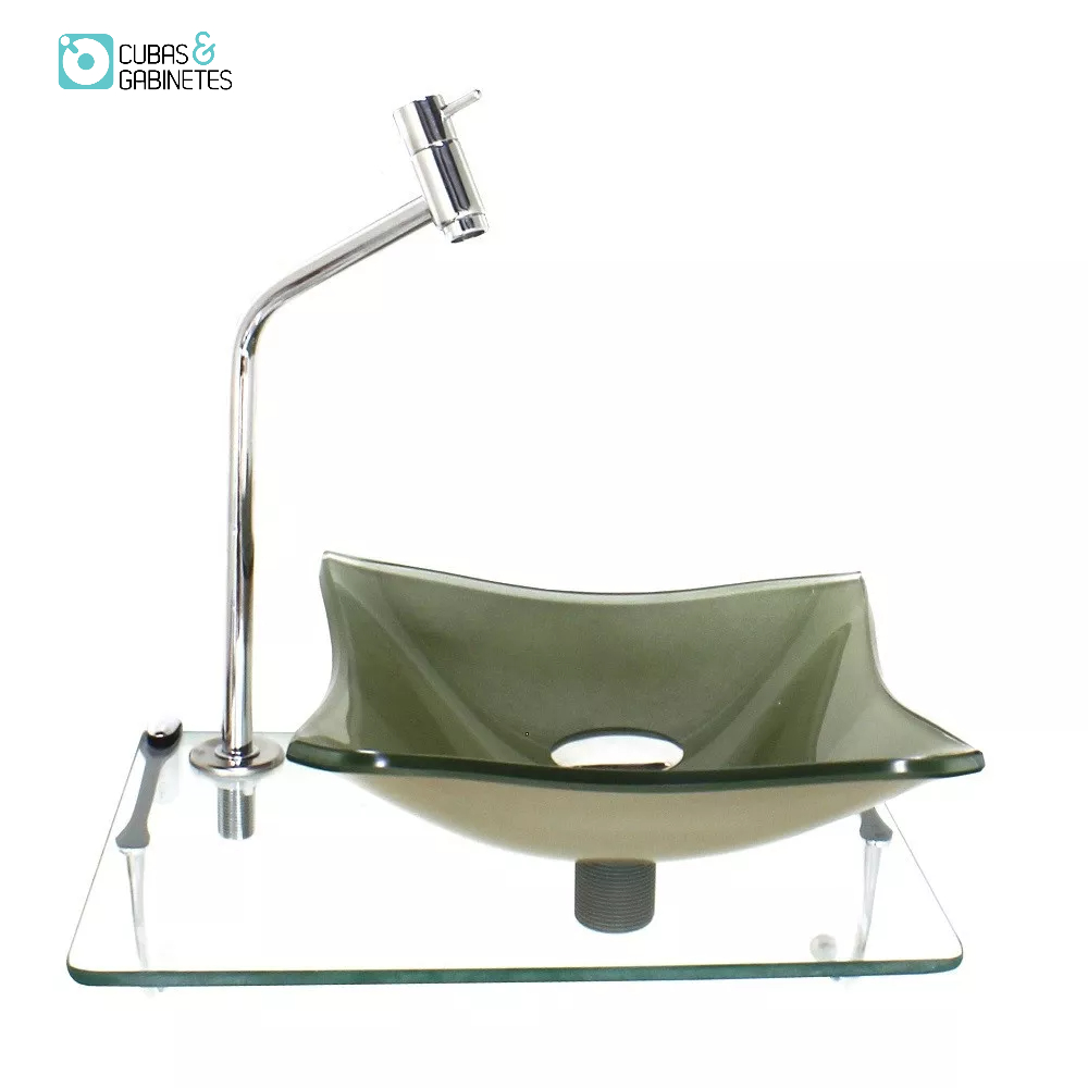 KIT CUBA DE VIDRO QUADRADA 10MM CHAMPANHE COM TAMPO 40CM INCOLOR E SUPORTE CROMADO