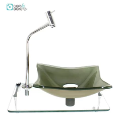 KIT CUBA DE VIDRO QUADRADA 10MM CHAMPANHE COM TAMPO 40CM INCOLOR E SUPORTE CROMADO